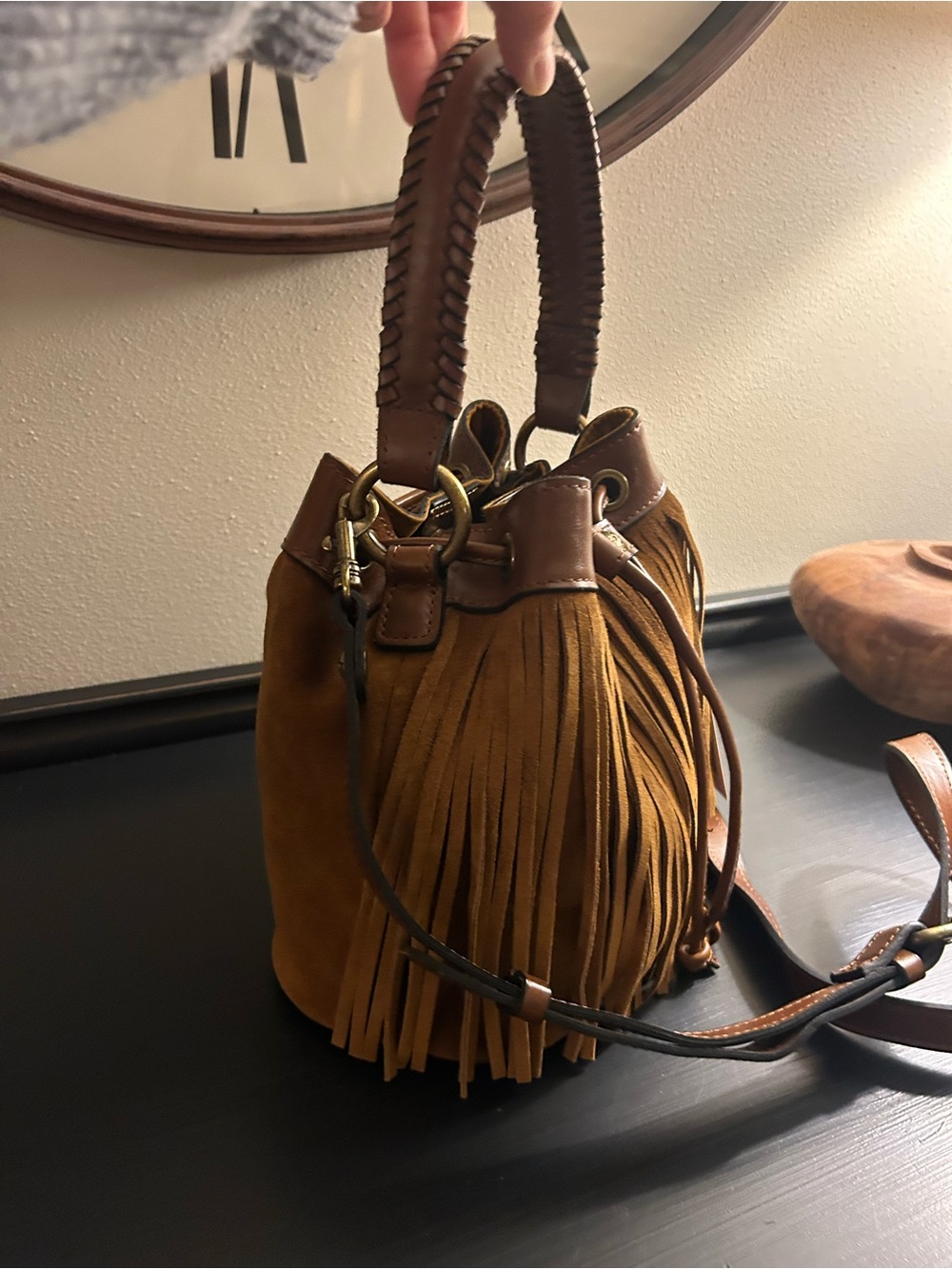 Patricia Nash Tan/Brown Fringe Drawstring Bucket Bag NWT - Picture 8 of 9